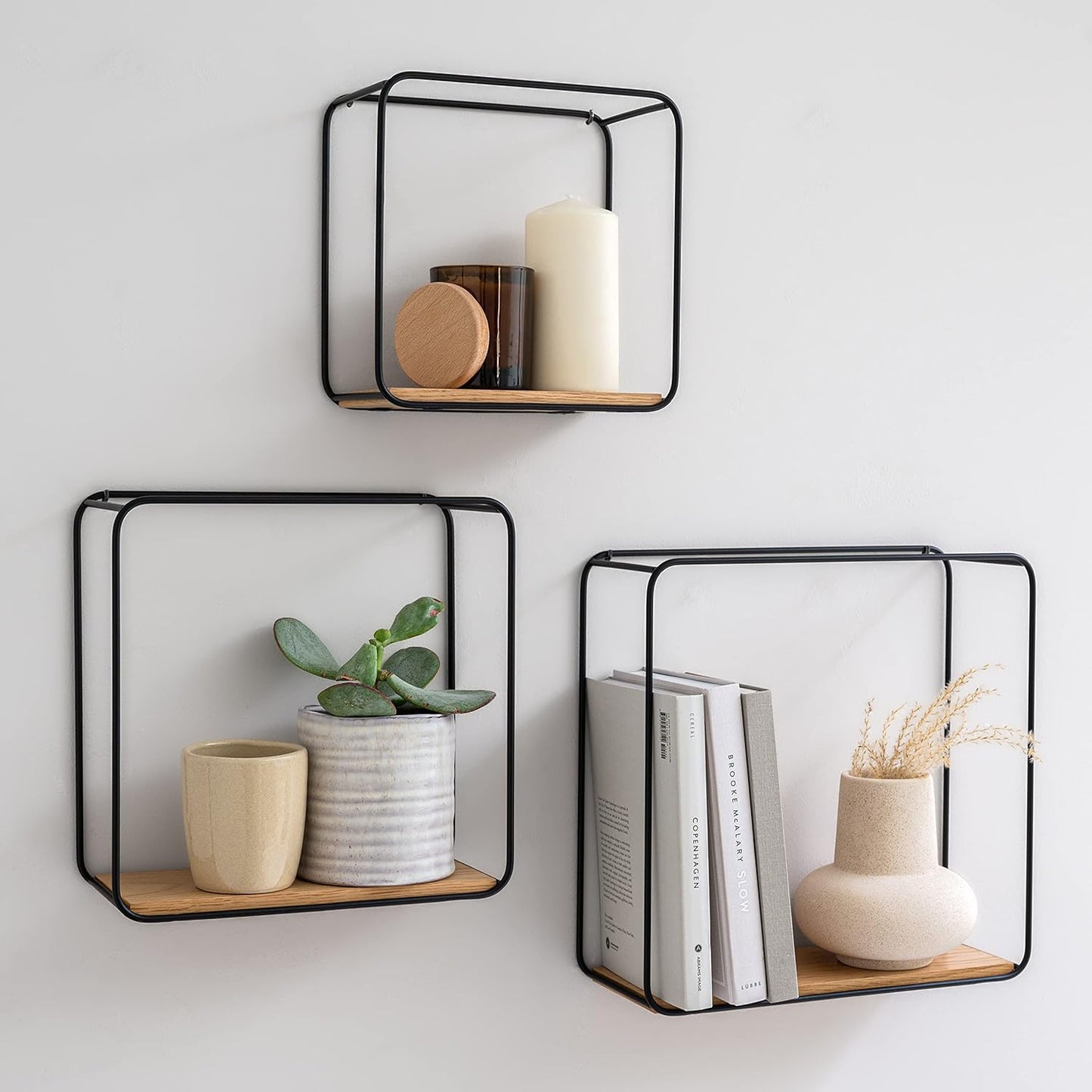 Mensole da Muro Design -Jona- | Scaffale Metallo a 3 Parti con Impiallacciatura in Vero Legno | Decorazione della Parete, Libreria Scaffale, per Camera da Letto, Bagno, Cucina | Quercia