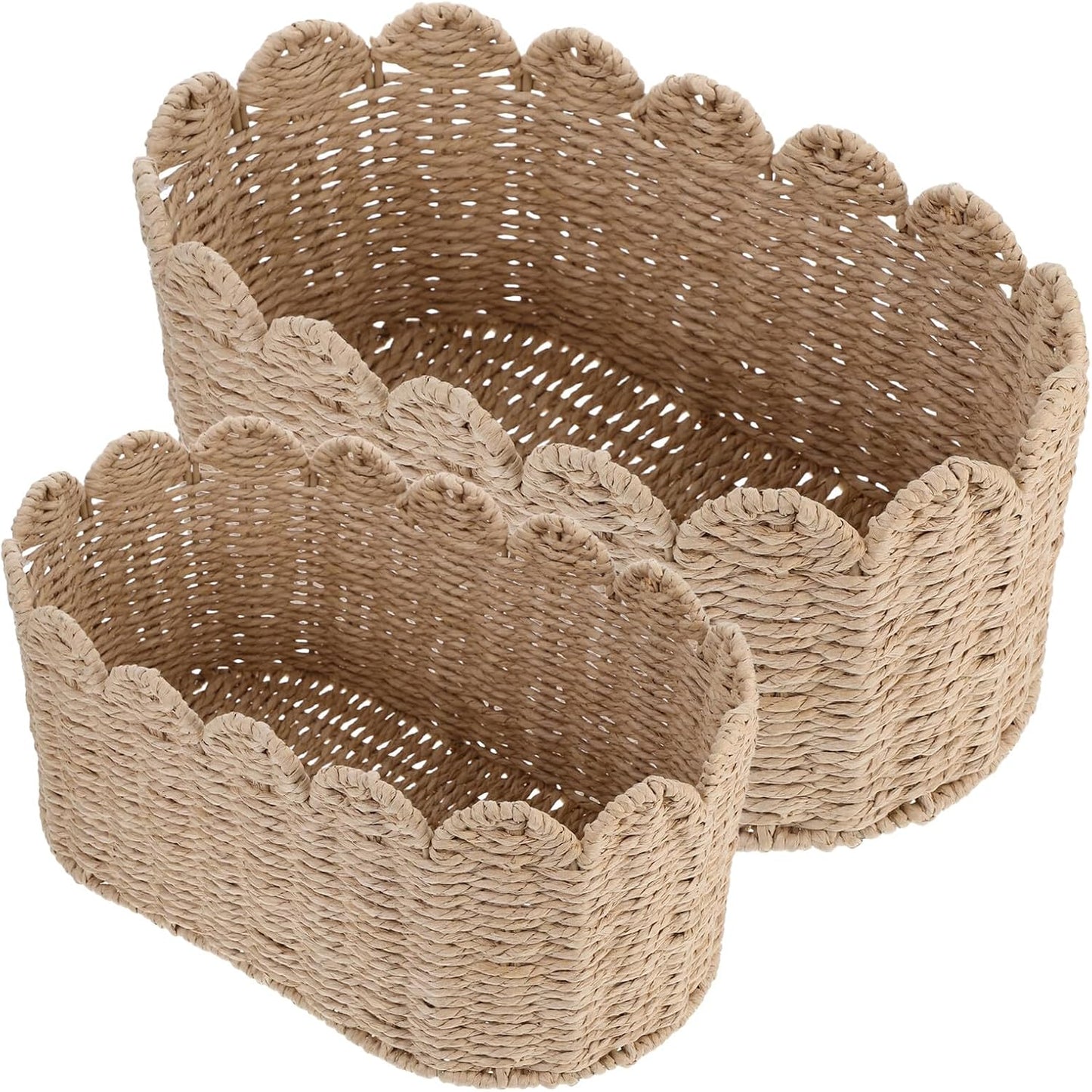 Set 2 Cestini Portaoggetti Rettangolari Intrecciati a Mano in Corda Di Carta Beige Con Bordo Smerlato Organizer Multiuso Per Giocattoli Snack E Scrivania Arredamento Soggiorno Casa