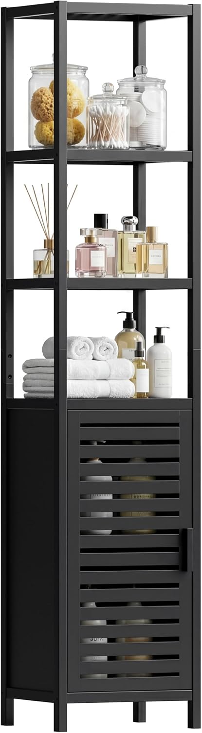 Mobile Bagno Alto Nero, Armadietto da Bagno a Colonna, Mobiletto da Bagno Salvaspazio Autoportante con Ante per Soggiorno Cucina Corridoio