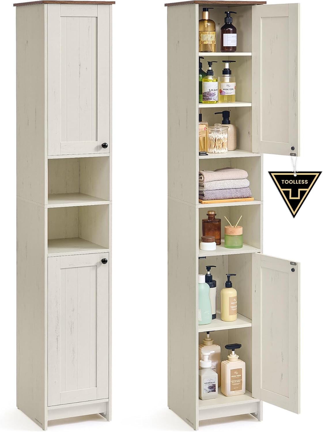 HOME Mobiletto da Bagno Stretto, Montaggio Rapido Senza Attrezzi Toolless, Mobile Compatto con Ripiani Regolabili per Soggiorno, Ingresso, 30 x 30 x 170 cm, Bianco Vintage BBC667WJ01