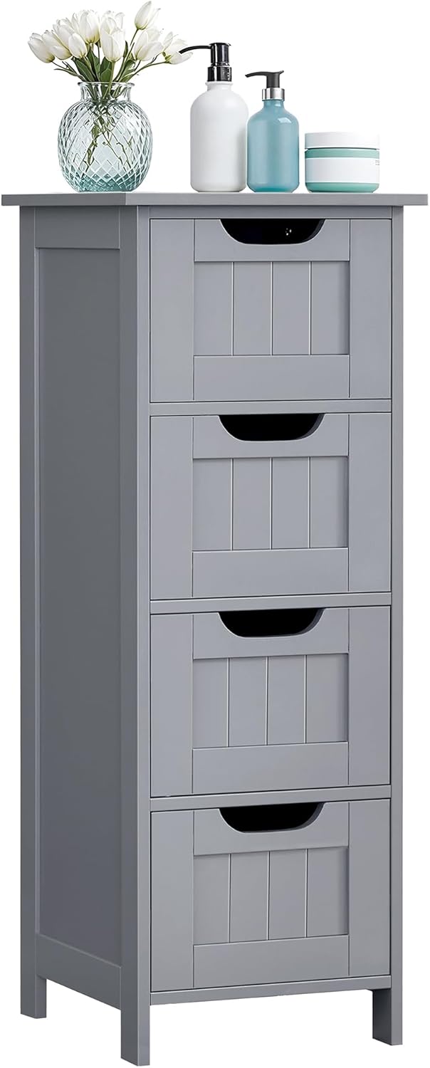 Mobile da Bagno, Cassettiera, Armadio Autoportante, con 4 Cassetti, 30 x 30 x 82 cm, per Bagno, Soggiorno, Sala da Pranzo, Cucina, Stile Moderno, Grigio Mistico LHC040P36
