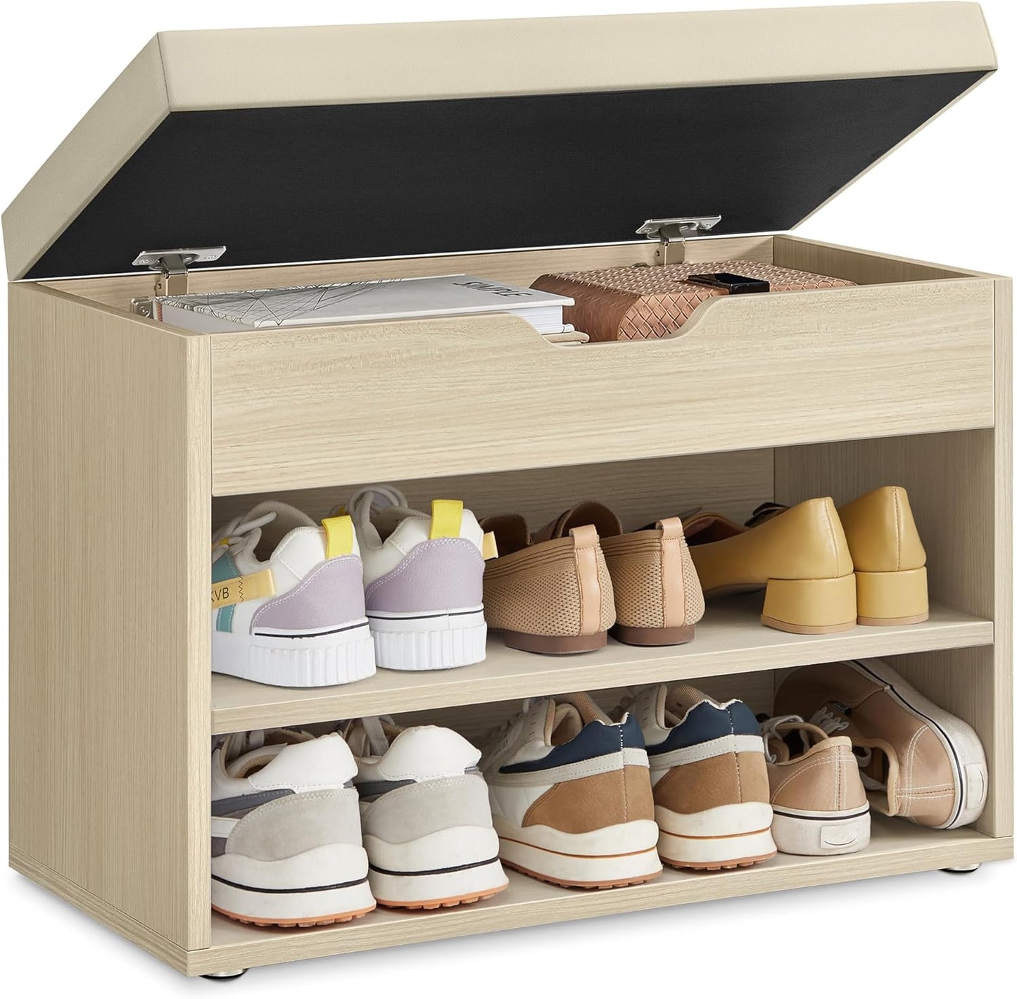 Panca Scarpiera, Scarpiera Ingresso con Sedile Imbottito, 3 Scomparti, 30 x 60 x 44 cm, per Corridoio Camera da Letto Soggiorno, Beige Naturale LHS020K01