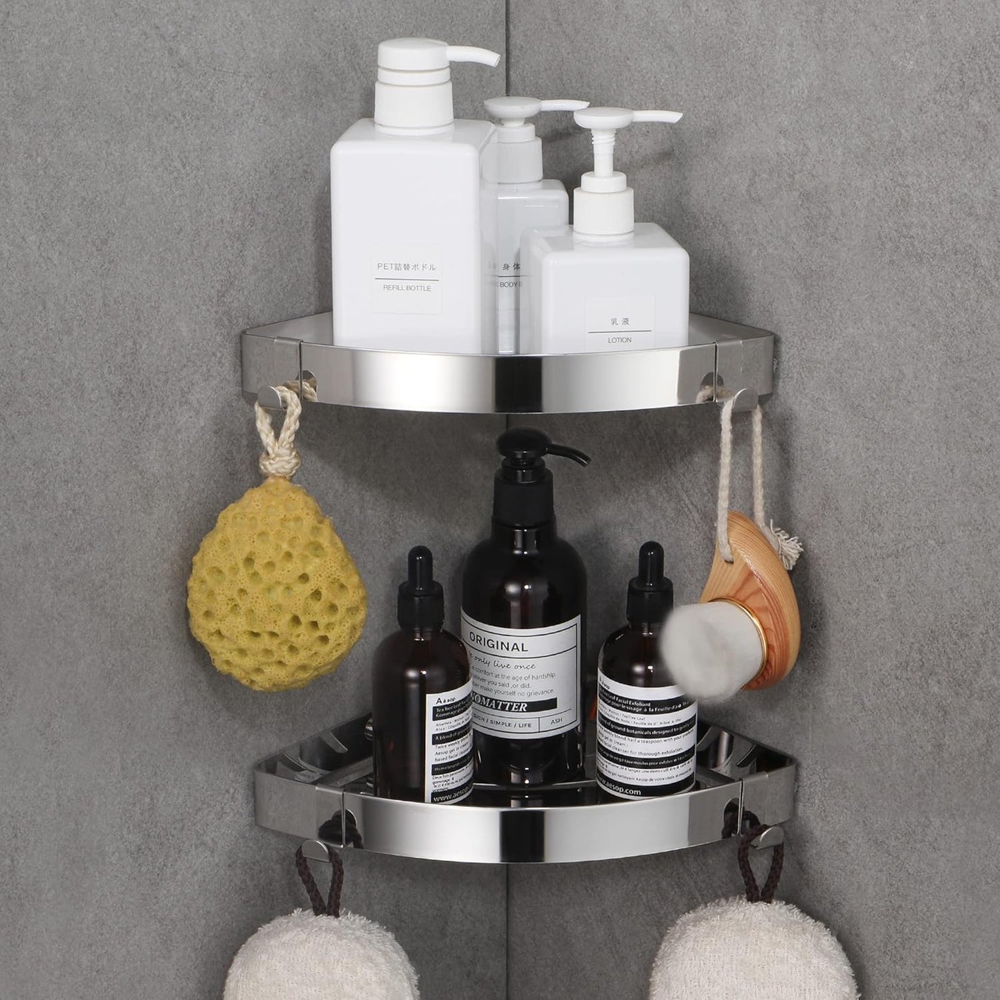 Mensola Doccia Senza Foratura, Angolare per Bagno Adesivo Portaoggetti da Muro in Acciaio Inox con 4 Ganci, Porta Sapone Argento, 2 Pezzi