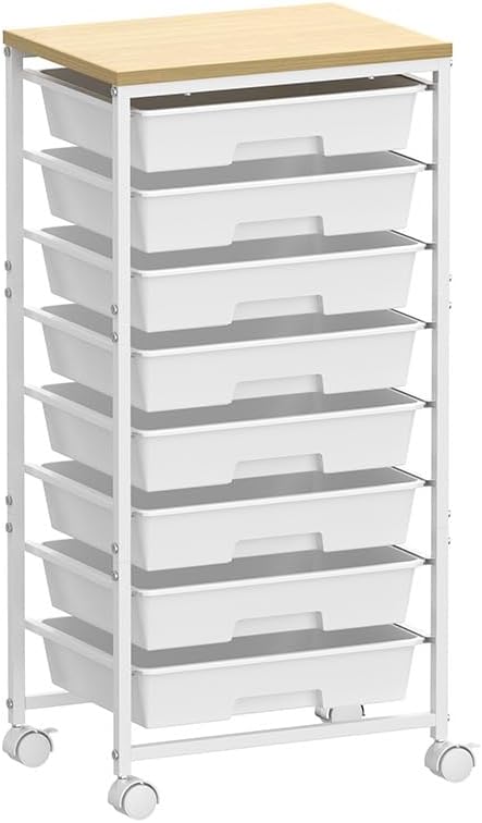 da bagno con 8 cassetti, carrello mobile con ripiani in legno, rotelle bloccabili, rotazione a 360 gradi, carrello a cassetti per cucina, soggiorno, ufficio e camera da letto