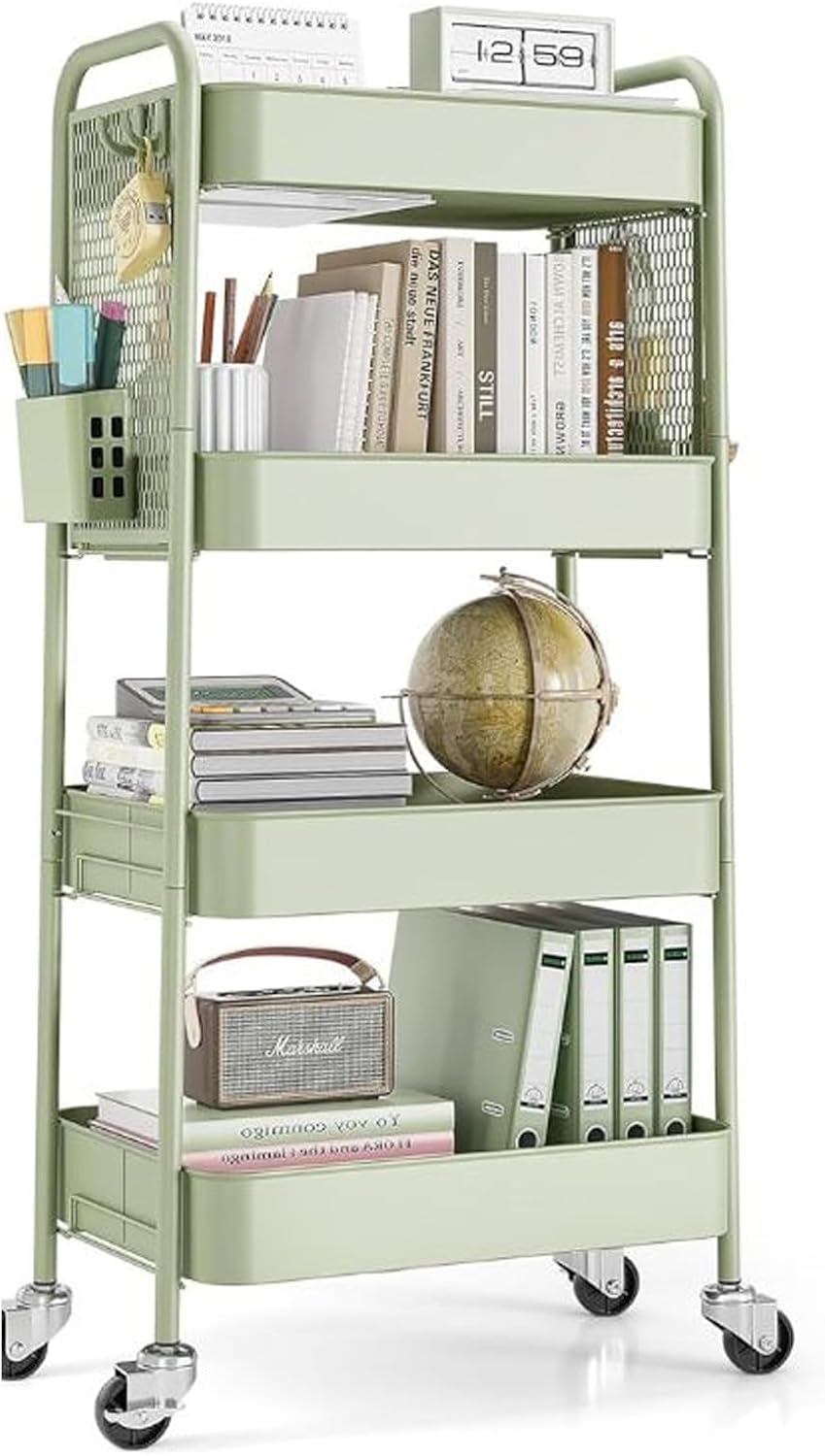 Carrello portaoggetti su ruote per varie applicazioni, carrello a 4 ripiani con pannelli forati extra fai da te, bidoni e ganci per soggiorno, cucina, bagno, ufficio, aula, verde
