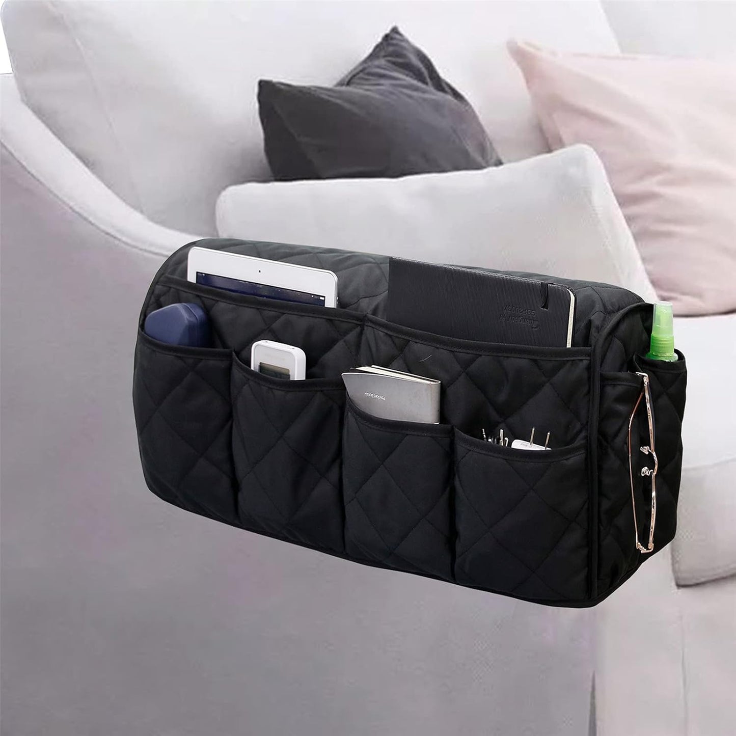per bracciolo del divano, antiscivolo, con 14 tasche, per cellulare, TV, telecomando, riviste, occhiali, iPad (Nero)