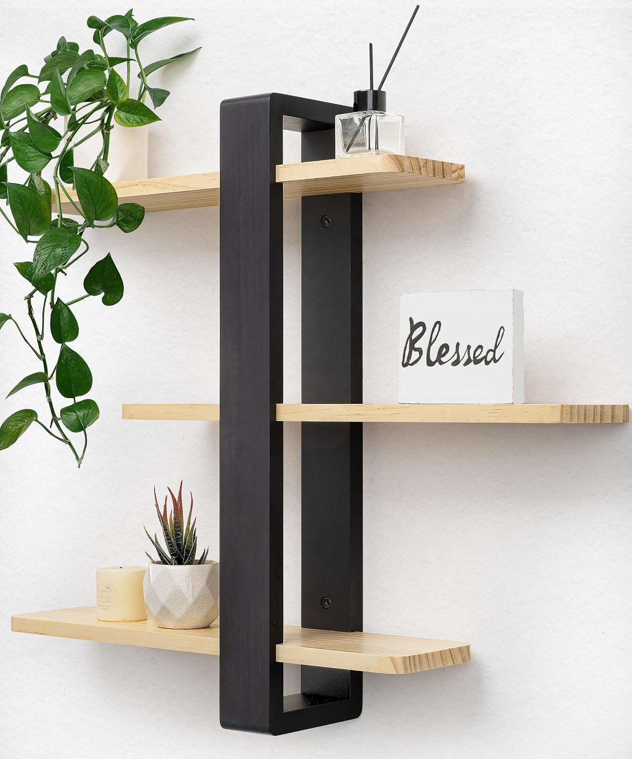 Mensole Sospese in Legno, Mensole Galleggianti, Mensole a Parete piu Grandi, Pratici Scaffali Decorativi in Legno Massiccio per Soggiorno Camera da Letto, Ripiani Rimovibili, 50x58cm