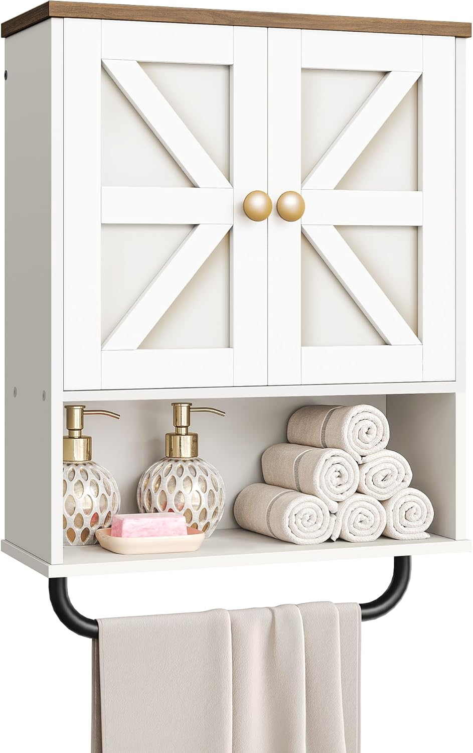 Armadio da Bagno Pensile con 2 Ante, Vano Aperto e Barra Portasciugamani, Armadio Contenitore in Stile Rustico con Spazio Aperto e Chiuso, per Bagno, Soggiorno e Cucina, Bianco e Noce
