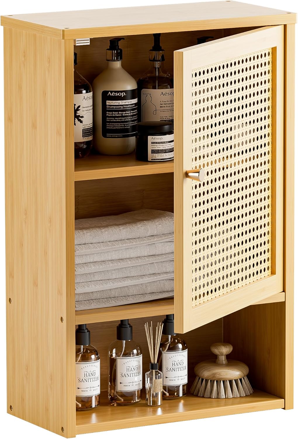 Mobile Bagno Sospeso in Rattano, Armadietto da muro bagno in Bambu con Ripiani Regolabili, Archiviazione sopra il Water per Cucina, Soggiorno, Lavanderia, Naturale