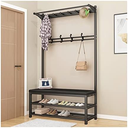 Appendiabiti da Terra Indipendente con Specchio, Appendiabiti Industriale 3 in 1 con Panca per Scarpe e ripiano portaoggetti Orga Wood Accent Arredo per Ingresso con 7 Ganci