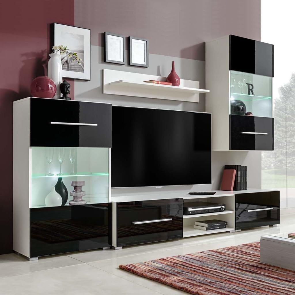 da Parete per Soggiorno, Unita TV 5 Pezzi con Luci LED Bianche, Dimensioni 240x40x195 cm, in Legno Multistrato Opaco e Lucido, Mobile Alto e Pensile con Ante Vetrata, per Arredamento Moderno