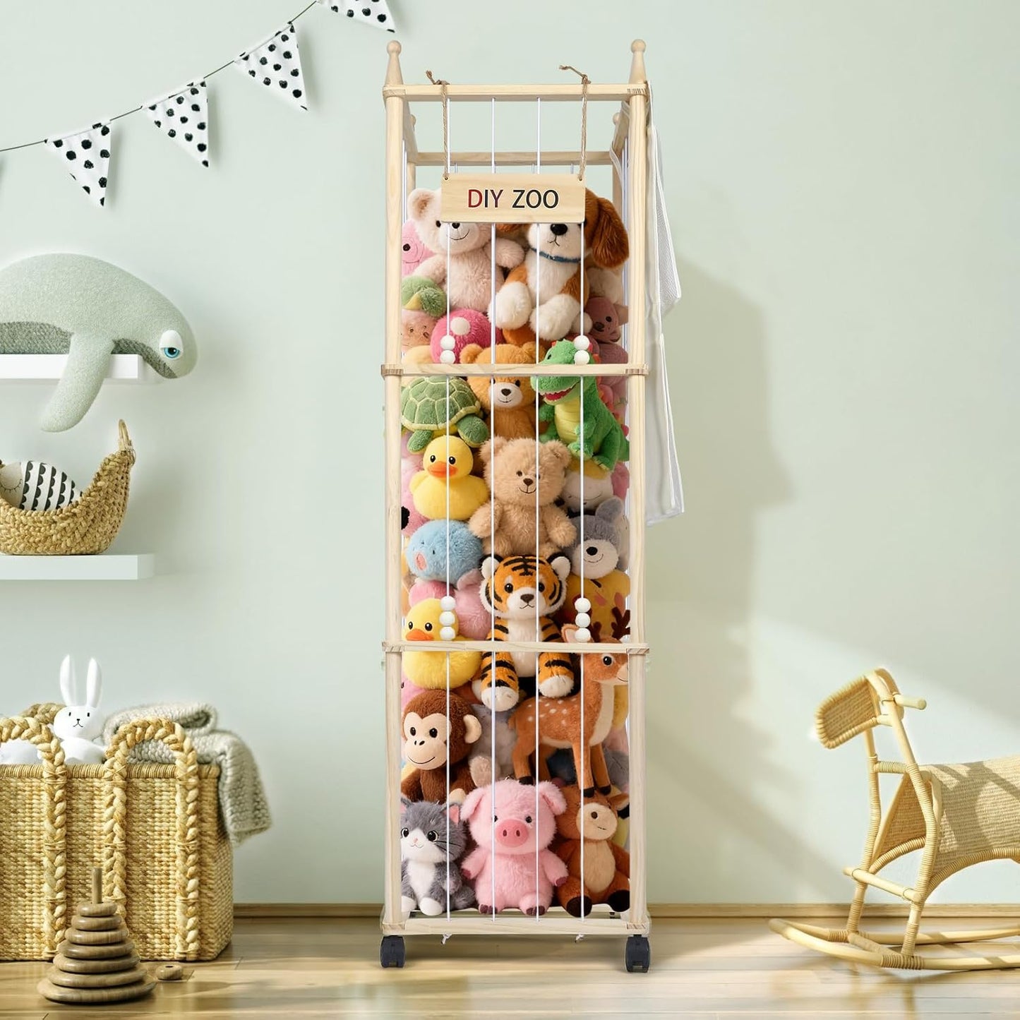 Porta Peluche in Legno Massello, Portapeluche con Ruote Frenate a 360?¡ã,138 * 40 * 40cm, Conserva e Protegge i Peluche, per le Camere dei Bambini, le Sale Giochi, i Soggiorni Con borsa portaoggetti
