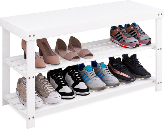 Panca portascarpe in bamb?1, 86 x 28.5 x 45.5 cm, ripiano portascarpe a 3 livelli per ingresso, corridoio, bagno, soggiorno (bianco)