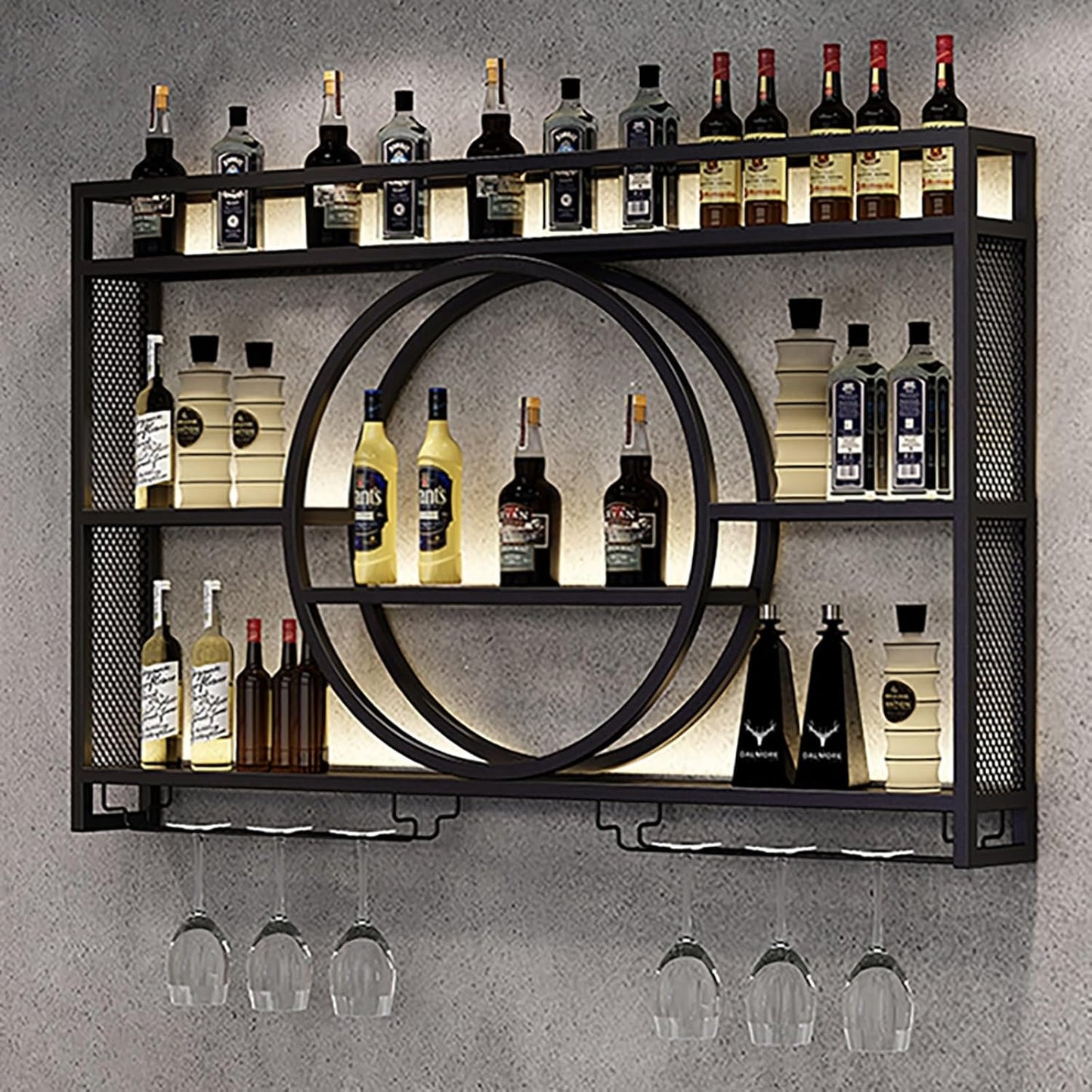 da Parete Moderno con Luce LED, mensola per liquori in Ferro, mensole galleggianti Versatili per Bar/Cucina/Soggiorno/Arredamento per la casa (Dimensioni Nere:)
