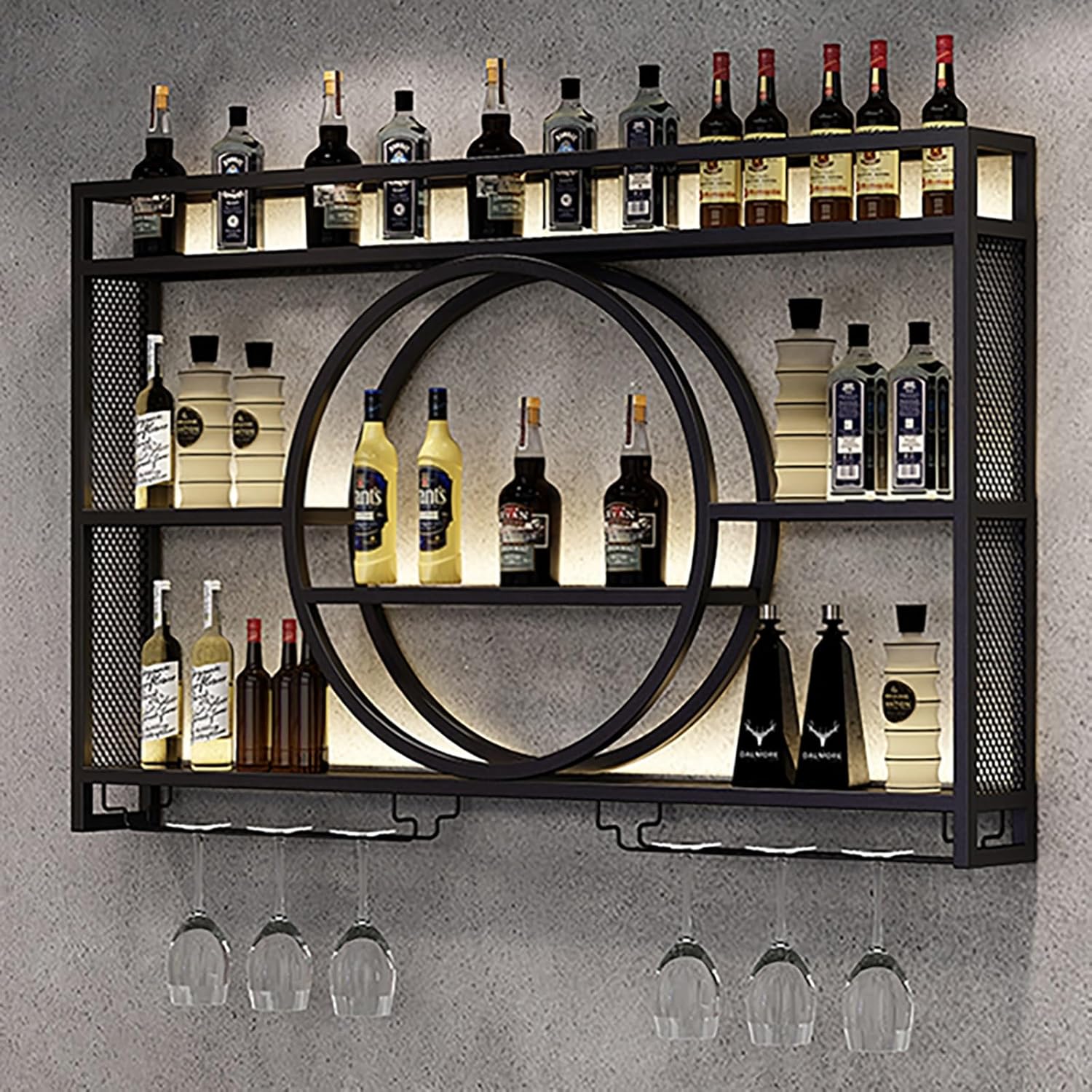 da Parete Moderno con Luce LED, mensola per liquori in Ferro, mensole galleggianti Versatili per Bar/Cucina/Soggiorno/Arredamento per la casa (Dimensioni Nere:)