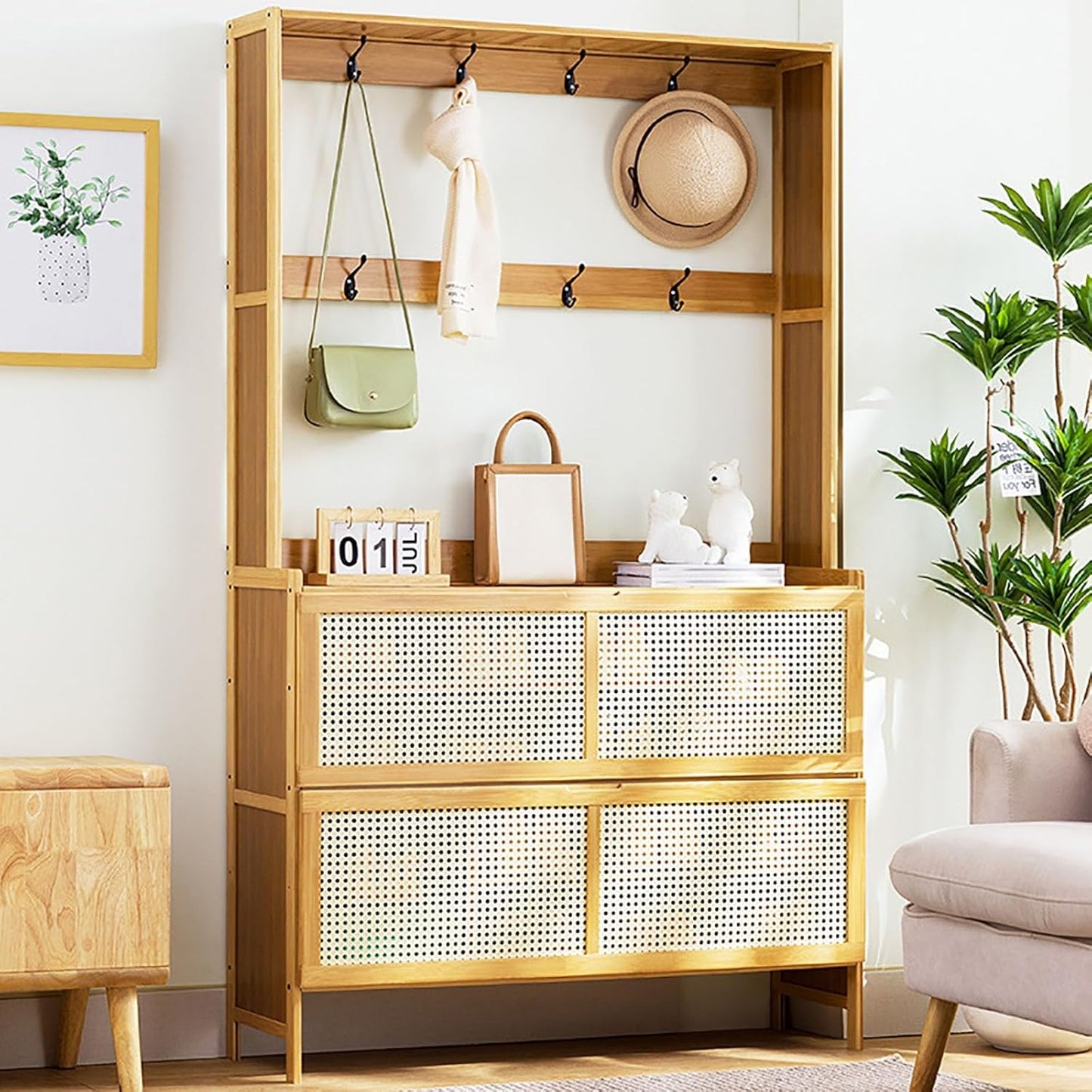 Appendiabiti 3 in 1 con portascarpe e mobiletto per Ingresso, corridoio e Soggiorno - Elegante Organizer con Ganci e Ripiani per l'arredamento della casa